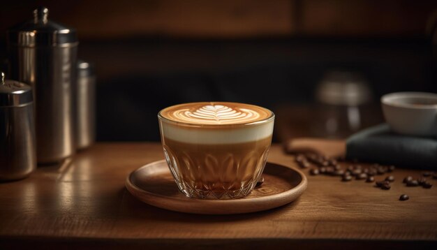 Elegante cappuccino su tavolo in legno rustico primo piano generato da AI