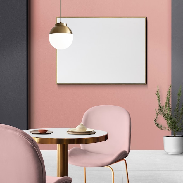 Elegante e lussuoso design d'interni per sala da pranzo con cornice vuota