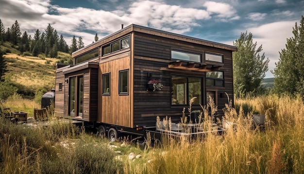 Elegante e moderna casa in legno nel campo generata da AI