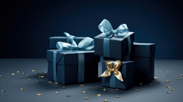 Elegante piccola scatola regalo con un nastro blu posizionato su una superficie blu scuro
