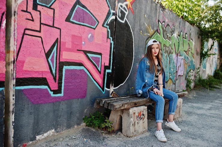 Foto gratuito elegante ragazza hipster casual in berretto e jeans indossa musica d'ascolto dalle cuffie del telefono cellulare contro il grande muro di graffiti con la bomba