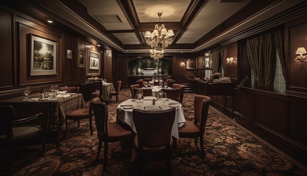 Elegante sala da pranzo in legno con illuminazione moderna generata da AI