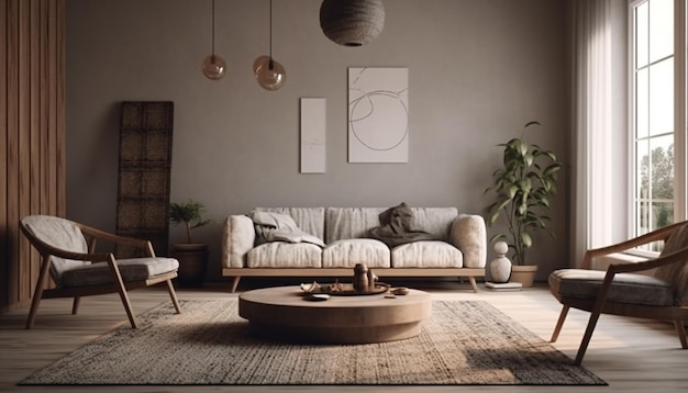 Elegante soggiorno moderno con comodi posti a sedere generati da AI