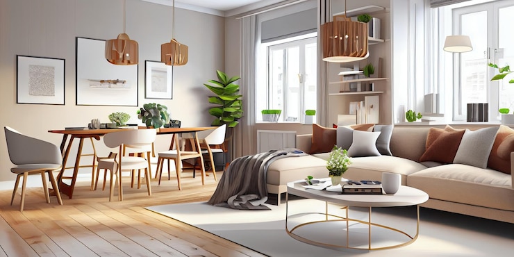 Foto gratuito elegante soggiorno scandinavo con mobili per divani di design color menta che simulano poster mappa piante ed eleg