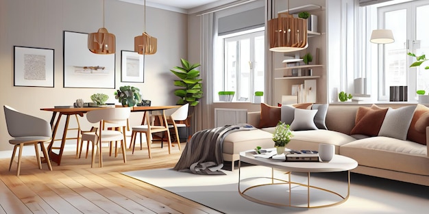 Elegante soggiorno scandinavo con mobili per divani di design color menta che simulano poster mappa piante ed eleg
