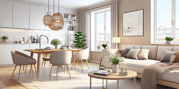Elegante soggiorno scandinavo con mobili per divani di design color menta che simulano poster mappa piante ed eleg