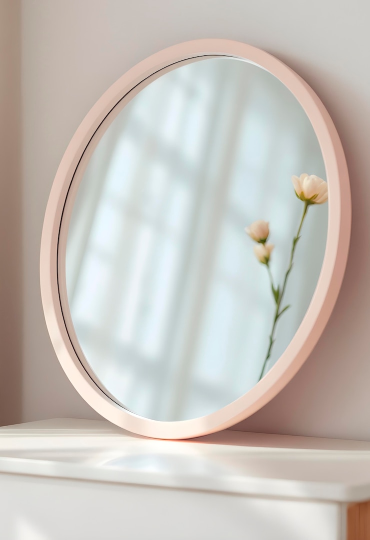 Foto gratuito elegante specchio rotondo rosa con riflesso floreale