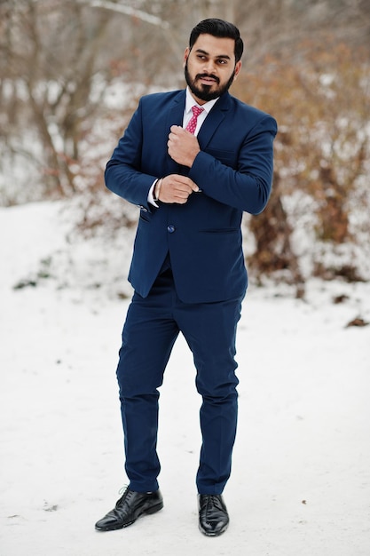 Elegante uomo d'affari con barba indiana in abito posato al giorno d'inverno all'aperto