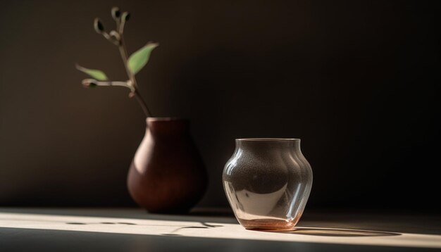 Elegante vaso su tavola di legno con riflessione generata da AI
