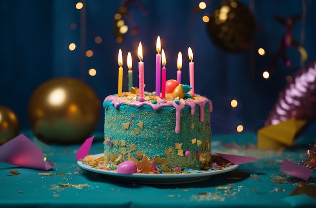 Elementi in oro per festa di compleanno e torta