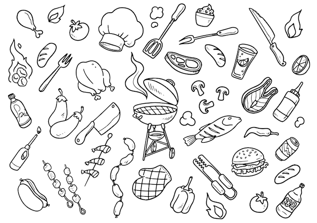 Elementi per barbecue disegnati a mano