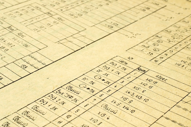 Elementi radio elettrici stampati su vecchia carta vintage come sfondo per l'educazione, industrie elettriche, filmati di riparazione ecc. Messa a fuoco selettiva.