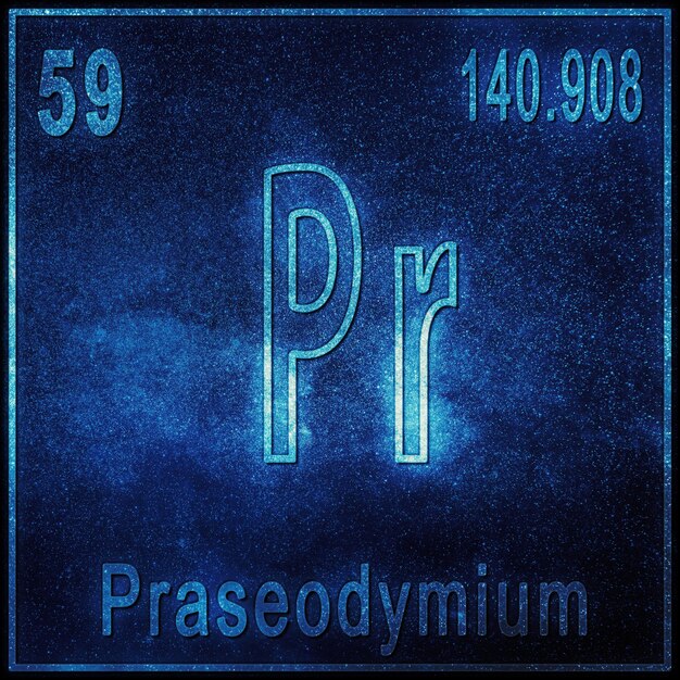 Elemento chimico di praseodimio, segno con numero atomico e peso atomico, elemento tavola periodica