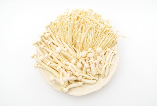 Enoki funghi e faggio funghi su sfondo bianco.