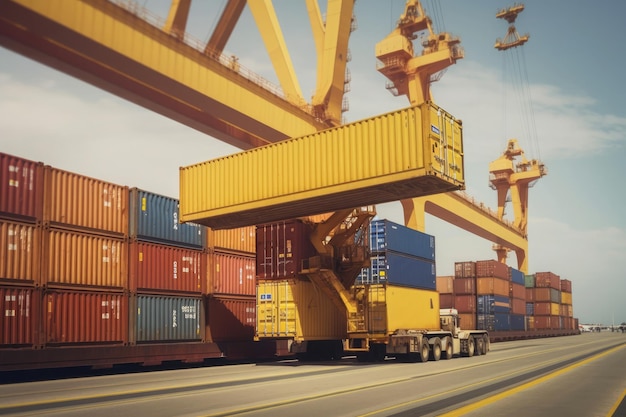 Enorme gru da carico di un porto che carica un container giallo Ai generativo