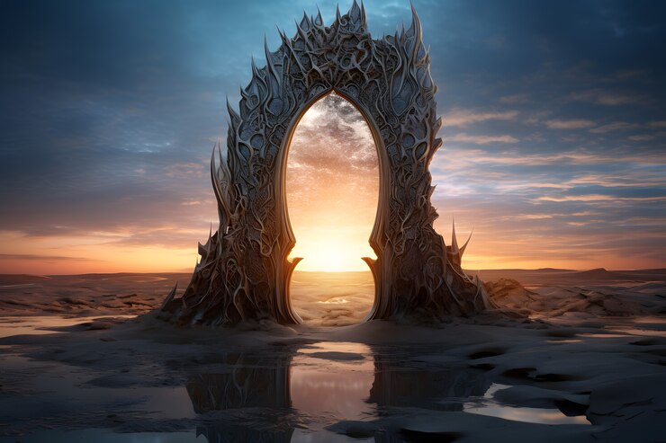 Foto gratuito entrata o porta in stile fantasy con paesaggio desertico.
