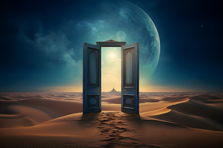Foto gratuito entrata o porta in stile fantasy con paesaggio desertico.