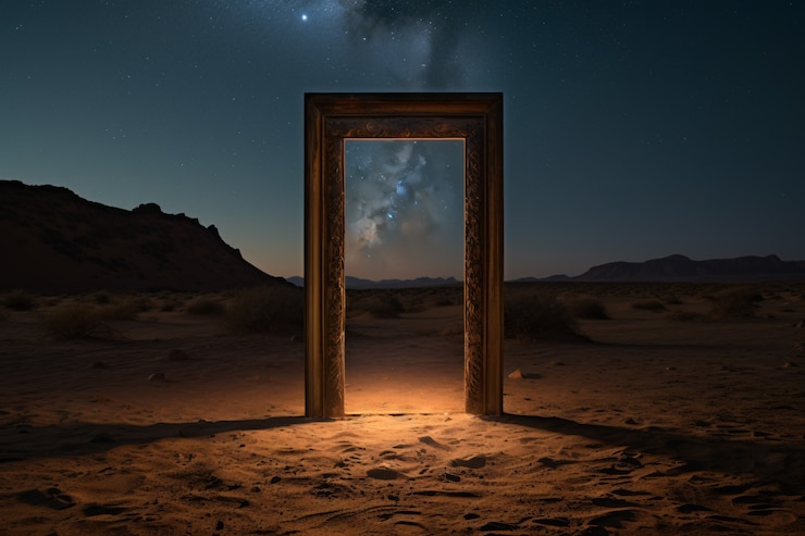 Foto gratuito entrata o porta in stile fantasy con paesaggio desertico.