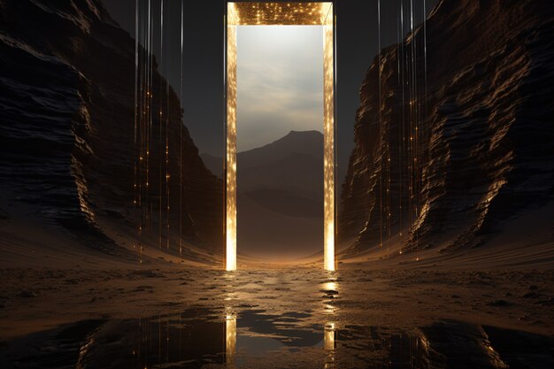 Entrata o porta in stile fantasy con paesaggio desertico.