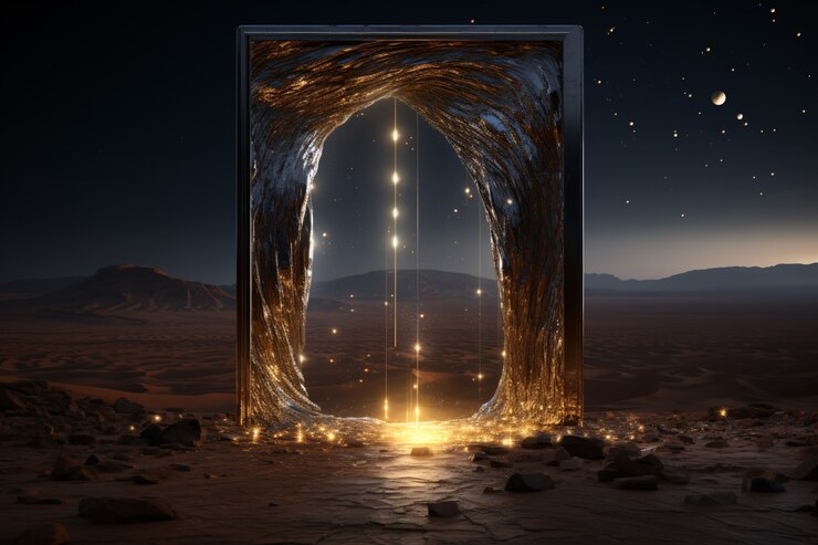 Foto gratuito entrata o porta in stile fantasy con paesaggio desertico.