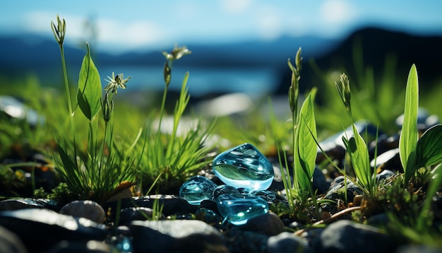 Erba verde cielo blu pietra lucida fiore fresco acqua trasparente generata dall'intelligenza artificiale