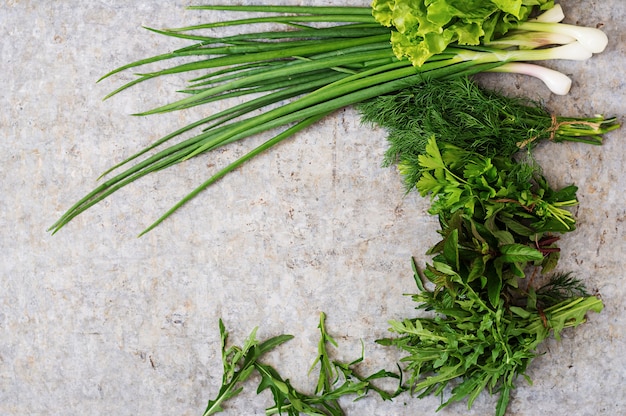 Erbe biologiche fresche di varietà (lattuga, rucola, aneto, menta, lattuga rossa e cipolla) su sfondo grigio in stile rustico. Vista dall'alto