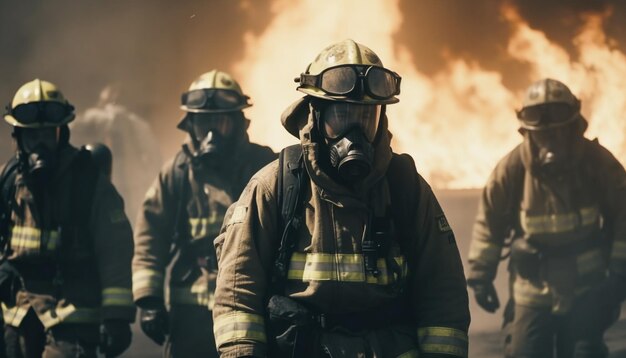 Eroi in abiti da lavoro protettivi in piedi tra fiamme pericolose generate dall'intelligenza artificiale