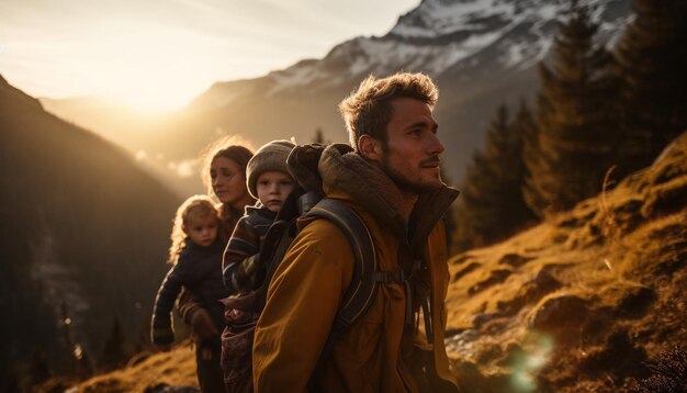 Escursioni in famiglia in montagna godendosi la natura generata dall'intelligenza artificiale