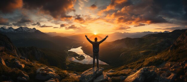 Escursionista con le mani alzate in piedi sulla cima di una montagna e godendosi il panorama