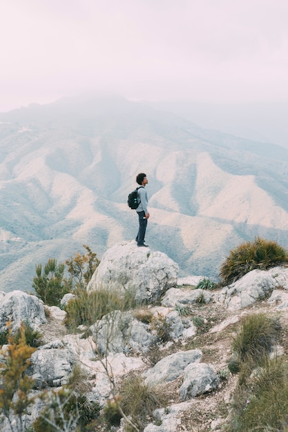 Escursionista in piedi sulla roccia