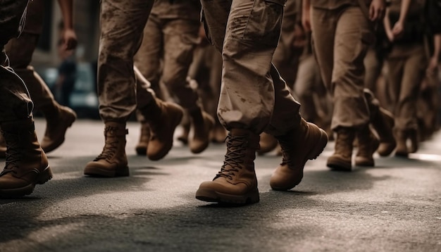Esercito in marcia di uomini in uniforme e stivali generati dall'intelligenza artificiale