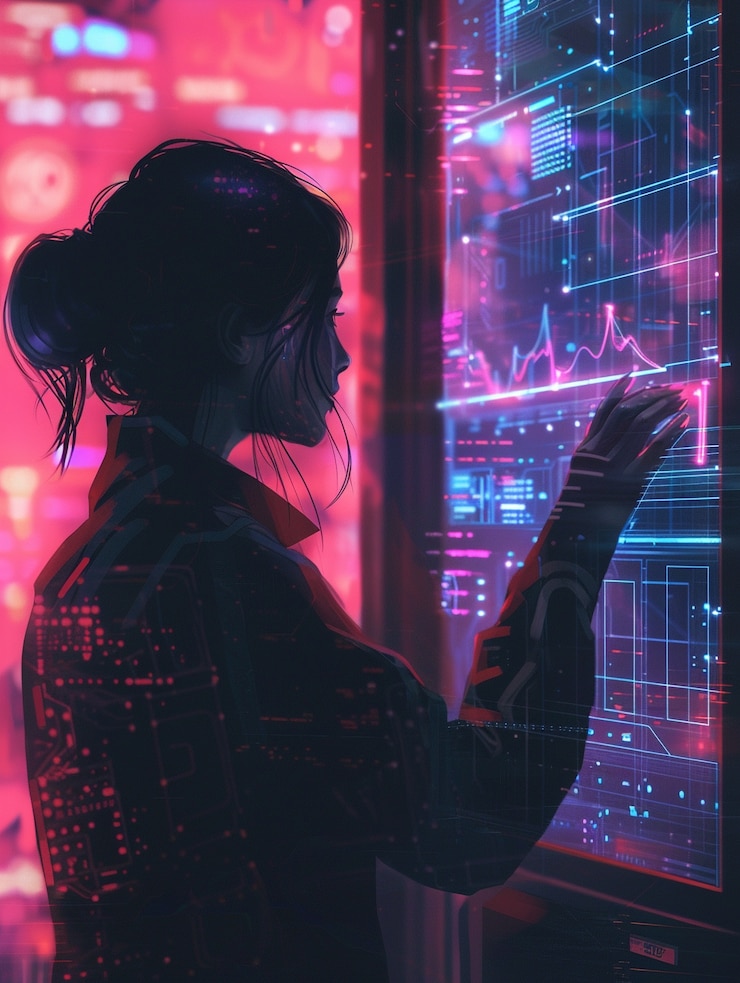 Foto gratuito esperti di sicurezza informatica che lavorano con dispositivi tecnologici e luci al neon