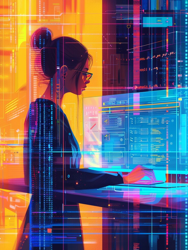 Foto gratuito esperti di sicurezza informatica che lavorano con dispositivi tecnologici e luci al neon