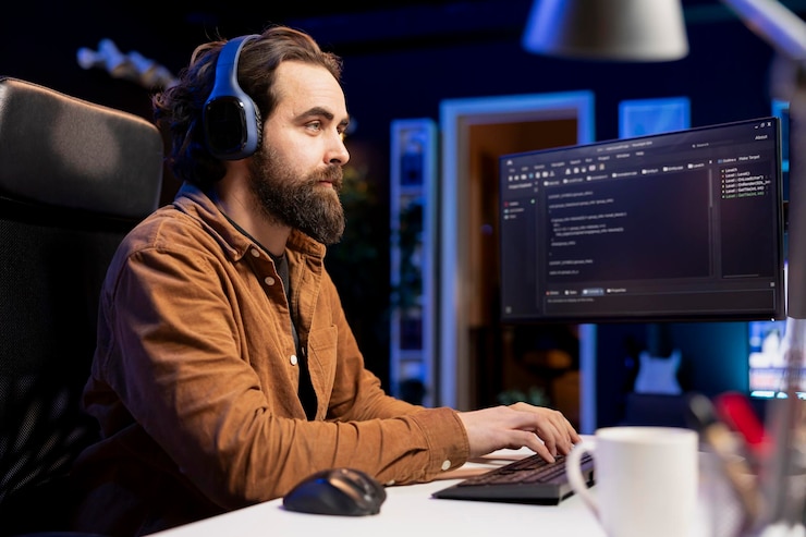Foto gratuito esperto di sicurezza informatica che si diverte con gli audiolibri usando il pc per patchare le esposizioni di sicurezza