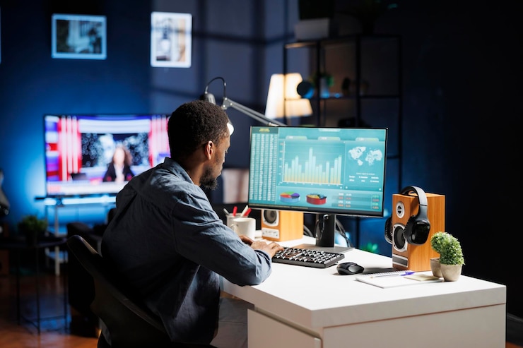 Foto gratuito esperto finanziario che esamina la situazione economica online