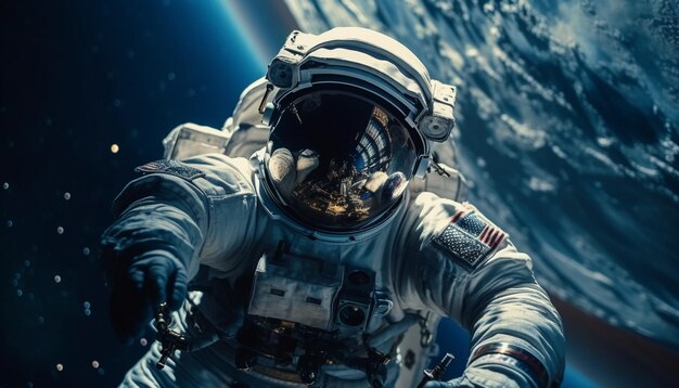 Esplorando la galassia un astronauta con il casco blu lavora all'aperto generato dall'intelligenza artificiale