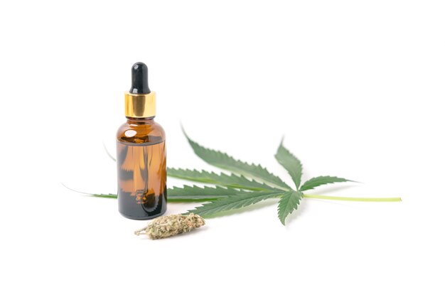 Estratti di olio di cannabis in barattoli e foglie di cannabis verde, marijuana isolata su sfondo bianco. Coltivazione di marijuana medica ed erbacea.
