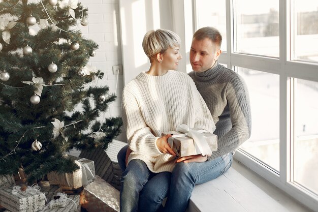 Famiglia a casa. Coppia vicino a decorazioni natalizie. Donna in un maglione grigio.