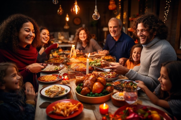 Famiglia al Ringraziamento Dando la cena insieme felici sorridendo godendo del pasto
