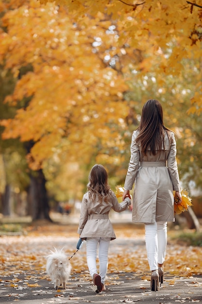 Famiglia carina ed elegante in un parco in autunno