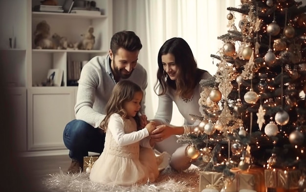 Famiglia che decora insieme l'albero di Natale