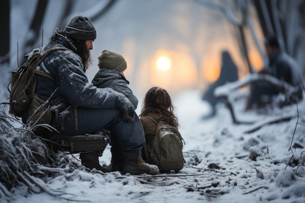 Famiglia che viaggia in condizioni climatiche estreme di neve