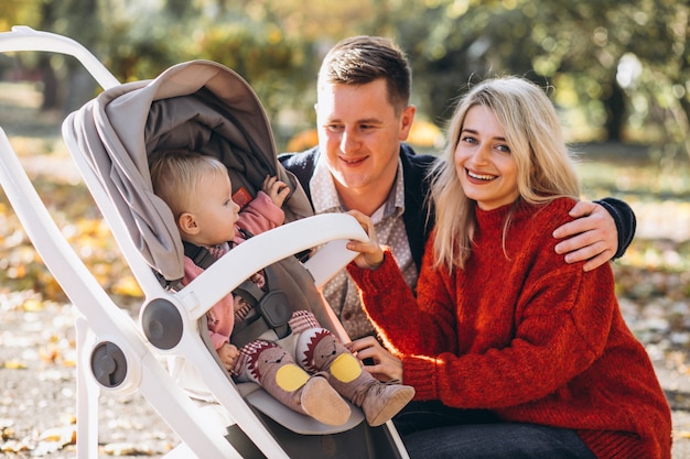 Famiglia con il bambino daugher in una carrozzina che cammina un parco di autunno