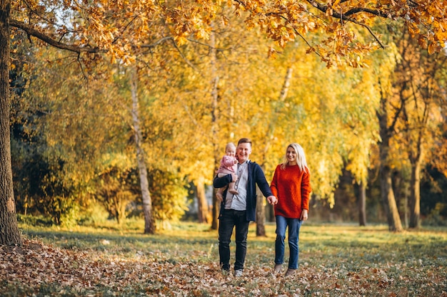 Famiglia con la figlia del bambino che cammina in un parco di autunno