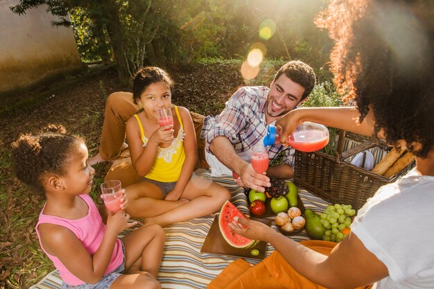 Famiglia con picnic con anguria e succo di frutta
