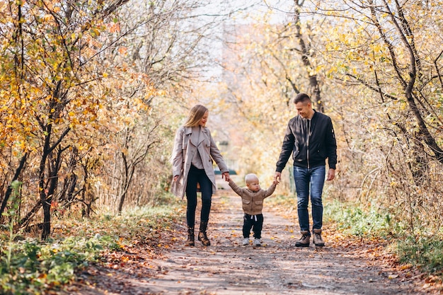 Famiglia con un figlio piccolo nel parco d&#39;autunno