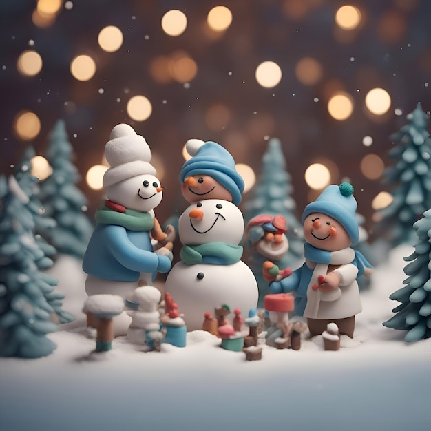 Famiglia del pupazzo di neve nella foresta invernale Concetto di Natale e Capodanno