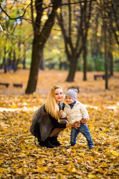Famiglia felice che ha divertimento all'aperto nel parco di autunno contro foglie sfocate
