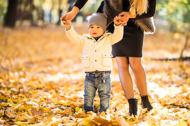 Famiglia felice che ha divertimento all'aperto nel parco di autunno contro foglie sfocate