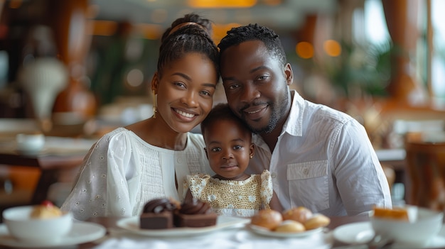 Famiglia media che mangia un delizioso cioccolato